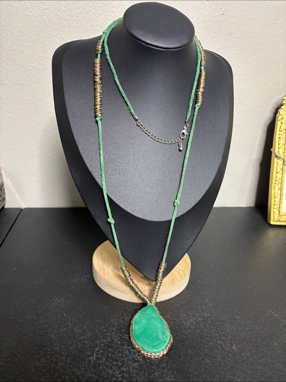 Long Boho Festival Green Pendant Necklace Gold Accents - Women Jewelry